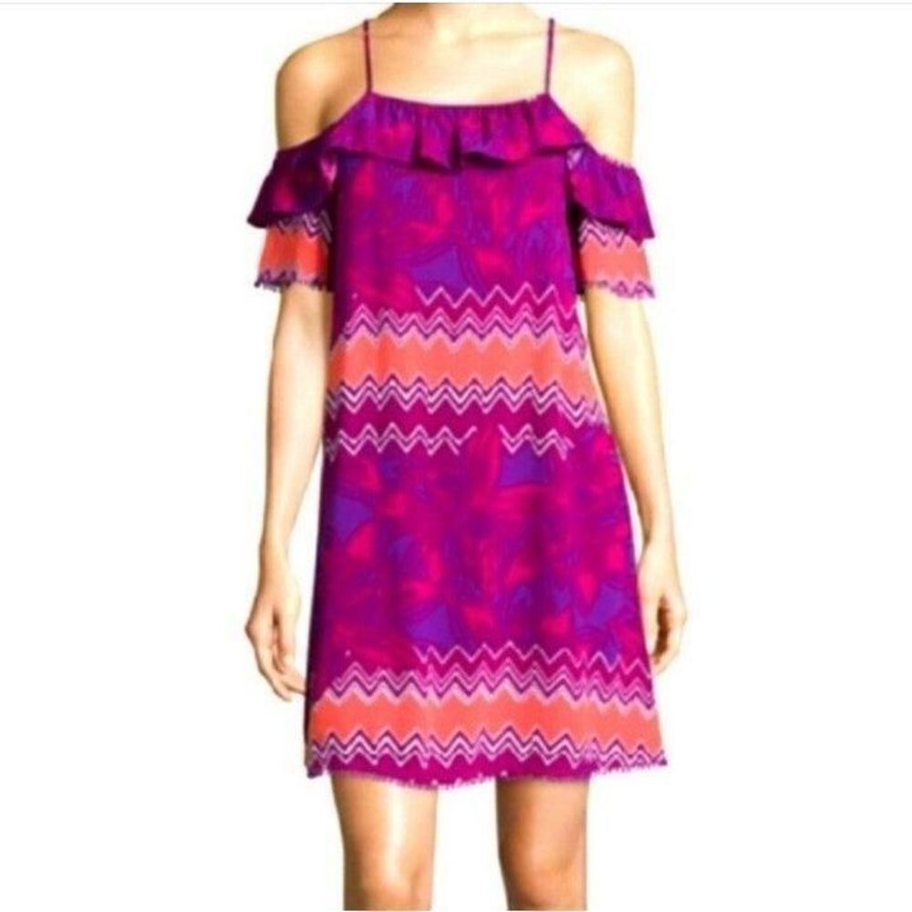 Ladies Colorblock Fun Cold Shoulder All Over Print Dress sz Large